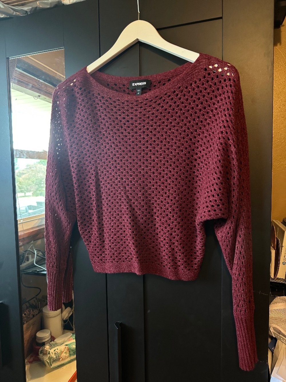 Express Burgundy Open Stitch Dolman Sleeve Sweater Size Small